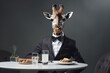 giraffe wearing a suit and bow tie at a dining table, humorously humanized with fine dining elements.
