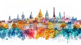 Fototapeta  - Artistic watercolor painting featuring iconic European city skylines blended in a vibrant and colorful abstract style.