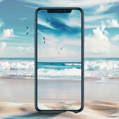 Smartphone mockup with a blank screen on a tranquil beach background, travel and tourism