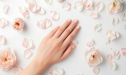 Woman's hand on white background with flower petals around