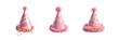 Set of pink birthday party hat, illustration, isolated over on transparent white background