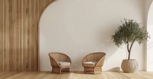 Minimalist Interior Design Mockup, Wooden Arch Wall With Vertical Lines On The Left Side Of The Room, Two Rattan Armchairs And An Olive Tree In A Round Pot