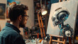 artist paints a portrait of a robot on canvas