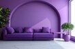 3D rendering of minimalist purple living room interior with sofa and arch wall background