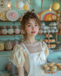 portrait of a young woman holding a plate with macaroons in a candy store