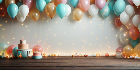 Wall Mural - Empty wooden board on the background of airy multi-colored balloons, golden bokeh. Festive background for birthday, anniversary, holiday. Background for product presentation and demonstration.