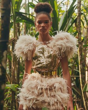 A woman exudes strength in a sequined gold top and feathered skirt in a lush jungle scene