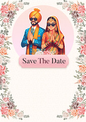 Sticker - Punjabi Traditional Royal Wedding Invitation card design Bride and Groom with text place holder 