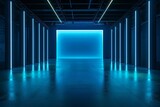 Fototapeta Natura - A room devoid of furnishings or people, with a distinct blue light emanating from the far end, casting a cool hue on the walls.