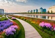Modern urban landscaping. Kaban Lake Embankment in Kazan, Russia. A walkway among the flowers.