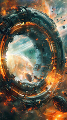 Wall Mural - a space scene with a large, fiery, and glowing space station. the station is surrounded by a lot of 