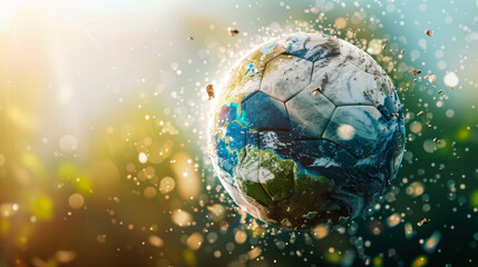 a soccer ball is floating in the air above a planet. the planet is covered in debris, and the soccer