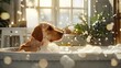 Puppy’s Bubble Bath Bliss, heartwarming scene of a young dog enjoying a bubble bath, basking in the sunlight from a window, creating a cozy, magical atmosphere
