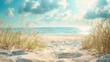 Scenic beach landscape with sea oats and dunes against a bright sky, ideal for illustrating concepts of solitude and peace, suitable for environmental or travel-related design, with room for text.