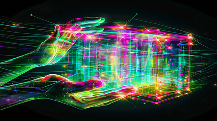 Wall Mural - Abstract Light Technology Background, Futuristic Neon Lines, Digital Science and Networking Concept