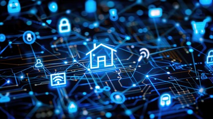A high-tech representation of a networked smart city, with interconnected home and device icons over a digital grid, signifying integrated urban technology, smart infrastructure