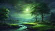 landscape of rivers and mountains at night in a fantasy world.