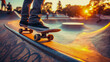 A skateboarder's feet in motion on a ramp, with a radiant sunset creating a vivid backdrop at the skate park.
