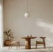Minimalist dining room with a round wooden table, two chairs and an elegant pendant light hanging from the ceiling