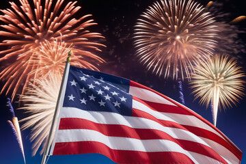 Dynamic image showcasing the American flag fluttering in the wind set against a vibrant display of fireworks, marking the festive spirit of Independence Day.