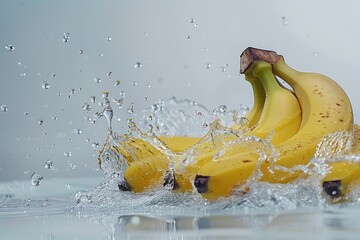 Wall Mural - Bunch of bananas falling into water with splashes and bokeh background