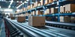 Boxes moving on conveyor belt in hightech warehouse distribution center concept. Concept Warehouse Automation, Smart Logistics, Industrial Technology, Conveyor Systems, Efficient Supply Chain
