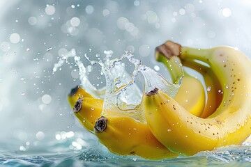 Wall Mural - Bunch of bananas falling into water with splashes and bokeh background