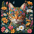 Close-Up Wildcat and Floral Sticker on Dark Background Gen AI