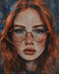 Wall Mural - Lovely freckled girl in glasses, illustration