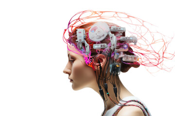 Aufkleber - Global concept network: 3D rendered illustrations of robots, people, and heads of technology symbols and business ideas. Isolated on a transparent background.