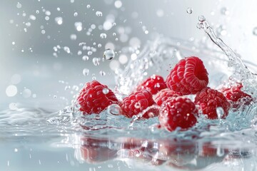 Wall Mural - Raspberries splashing into water with a splash on a white background