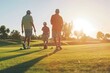 © Jane_S - Family golfers playing golf at sunny day, back view. Father, son and grandfather spending together summer day.