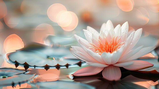 close-up pink water lily or lotus flower with bokeh background with copy space. happy vesak - buddha