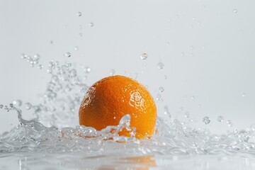 Poster - Orange dropped into water with splash on white background, studio shot.