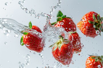 Wall Mural - Strawberries falling into water with a splash, isolated on white background