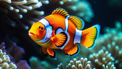 Wall Mural - Cute anemone fish over coral reef background isolated closeup, beautiful color clownfish on coral reefs, anemones on tropical coral reefs. clown fish anemone in the sea