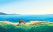 Summer seascape with a house on the coast  and sea beach. Vector illustration.