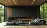 Fototapeta Sport - Modern interior design with a black wall, sofa and armchair near a fireplace in the living room of a modern house with a wooden floor
