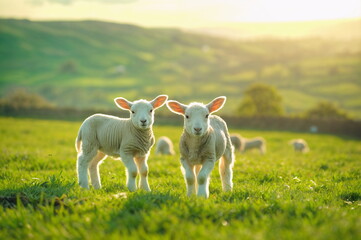 Two lambs in the pasture at sunrise. Pastoral concept 