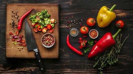 kitchen scene, a chopping board, small bowls with seasoning, and sliced red, yellow, and green peppe