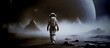illustrazione di astronauta sulla superficie di un pianeta scuro e nebbioso
