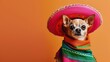 A small dog dressed in a vibrant Cinco de Mayo outfit with sombrero and serape, perfect for pet celebrations or Mexican-themed advertising.
