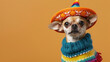 © Y_Malashkevych - A Chihuahua in a festive costume including a sombrero and colorful knitted sweater, suitable for Cinco de Mayo festivities or pet fashion marketing