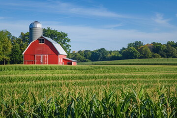 a red barn and silo standing among brightly colored cornfields. the concept of farming and peace, ha