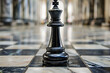 A close-up shot of the black king chess piece standing on an elegant marble floor, with a blurred background showing ornate columns and a large hall, illustrating strategy and competition