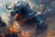 A huge monster with blue scales and horns, breathing fire from its mouth standing on the top of rocks in clouds, surrounded by smoke in a fantasy video game art style