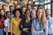 © Ace64 Studio - Cheerful diverse business team at a corporate work meeting in the office. Banner with a group portrait of happy multiracial young and senior people all together smiling and looking at the camera