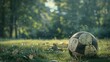 Abandoned old soccer ball on the field.
