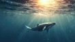 A whale swimming from the deep sea to the surface, under the underwater light rays of the sun. 