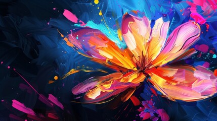 Wall Mural - A detailed painting of a vibrant flower against a stark black background, showcasing intricate petals and vibrant colors.